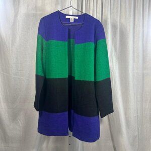 Max Studio Color Block Open Front Wool Jacket in Purple/Green/Black - Size L in